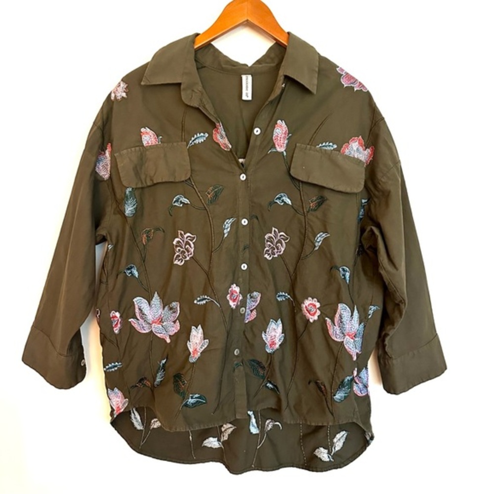 Tensione In Embroidered Oversized Army Green Olive Button Down Shirt Size Small